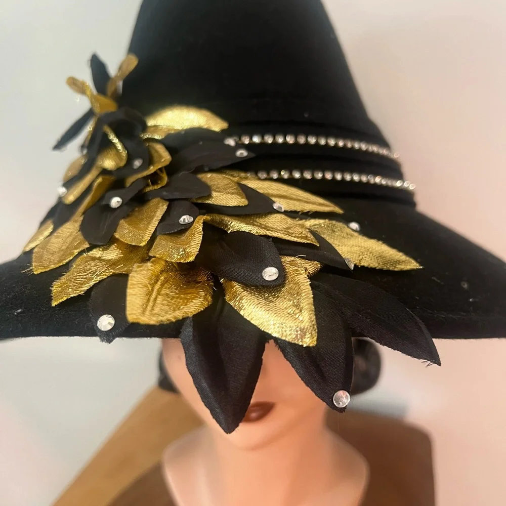 DEADSTOCK 90’s Vintage Black Wool Felt Fedora Gold Leaf Rhinestones Women's Hat - Picture 10 of 16